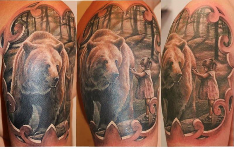 森林里的熊与小女孩纹身图案