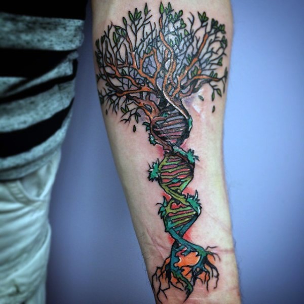 非常美丽的大树结合DNA手臂纹身图案