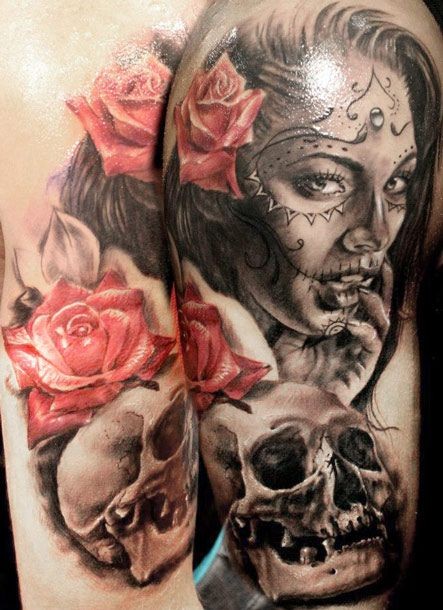 死亡女郎红玫瑰和骷髅纹身图案