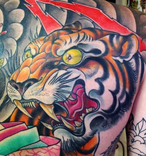 背部亚洲式的彩色老虎头像纹身图案
