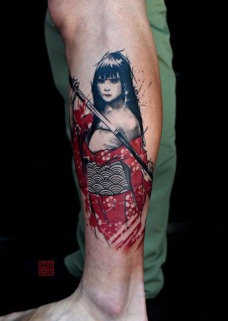 小腿现代风格的彩色亚洲艺妓剑纹身图案