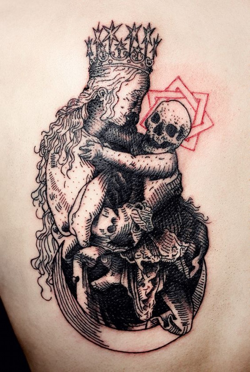 令人毛骨悚然的黑色点刺骷髅与死亡婴儿纹身图案
