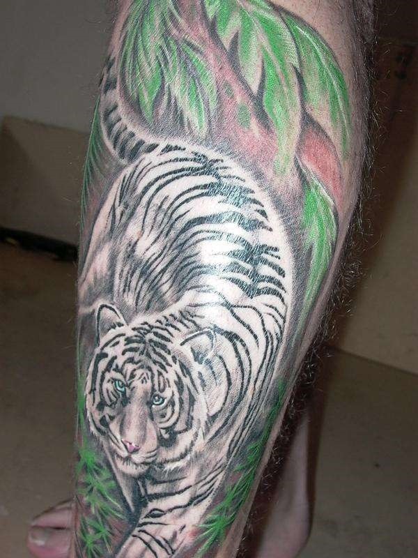 小腿美妙的丛林中的白虎纹身图案