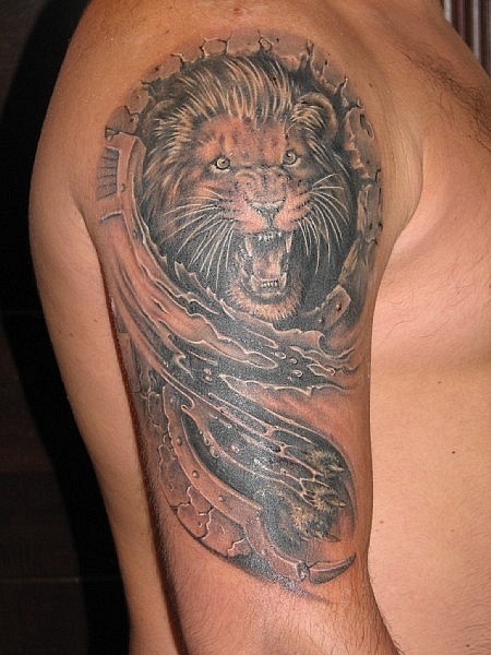 狮子和皮肤撕裂手臂纹身图案