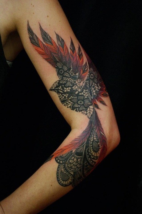 手臂花卉组合的美丽小鸟纹身图案