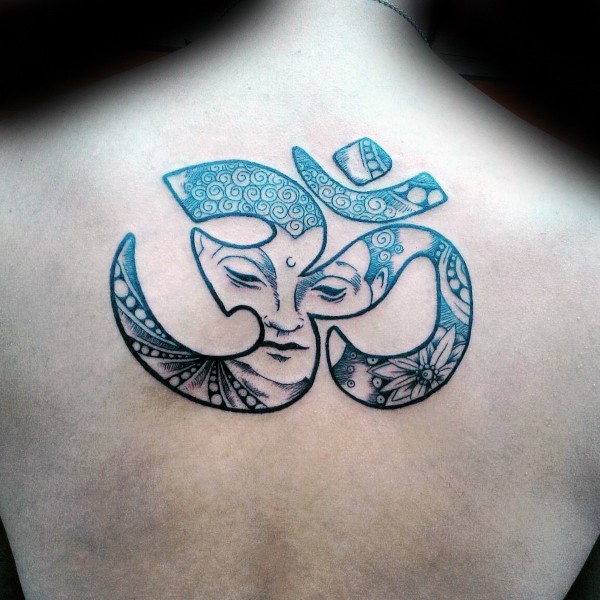 印度教风格的彩色字符与如来佛祖背部纹身图案
