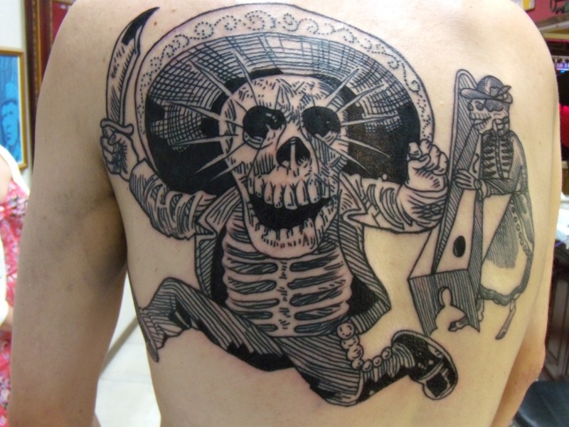 雕刻风格黑色线条墨西哥骷髅背部纹身图案