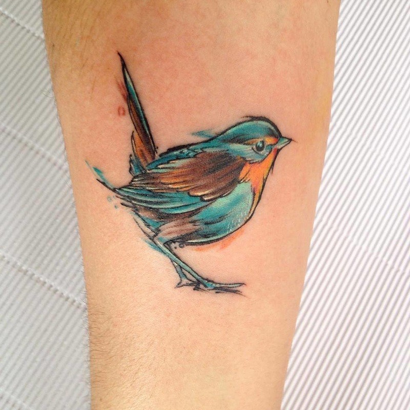 可爱的水彩画风格小鸟纹身图案