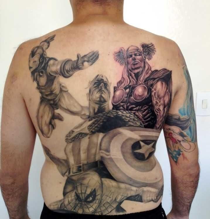 背部漫画风格各种超级英雄纹身图案