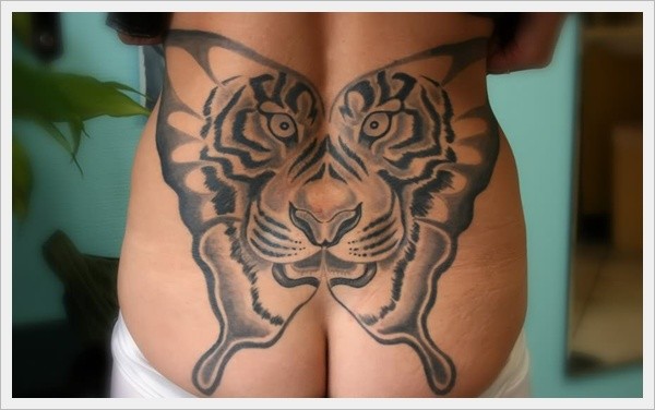腰部蝴蝶转化的老虎纹身图案