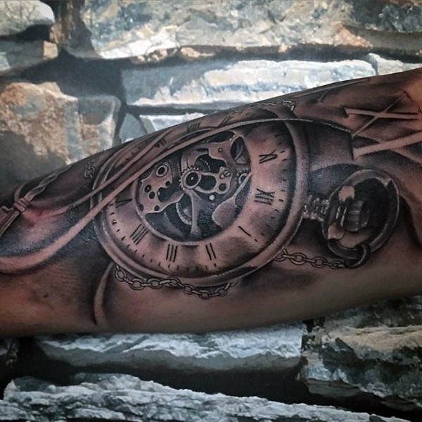 手臂非常棒的黑色机械时钟纹身图案