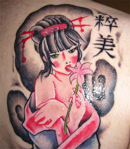 背部简单的漫画风格彩绘艺妓纹身图案