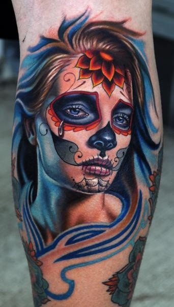 小腿墨西哥传统风格美女肖像纹身图案