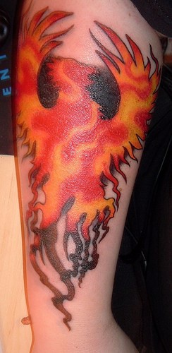小臂美丽火焰与彩色凤凰纹身图案