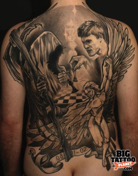 背部黑灰宗教主题死神天使纹身图案