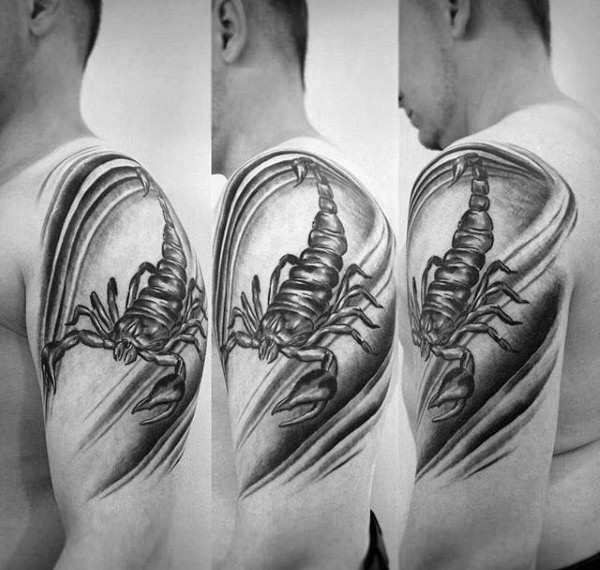 大臂黑白精致的蝎子纹身图案