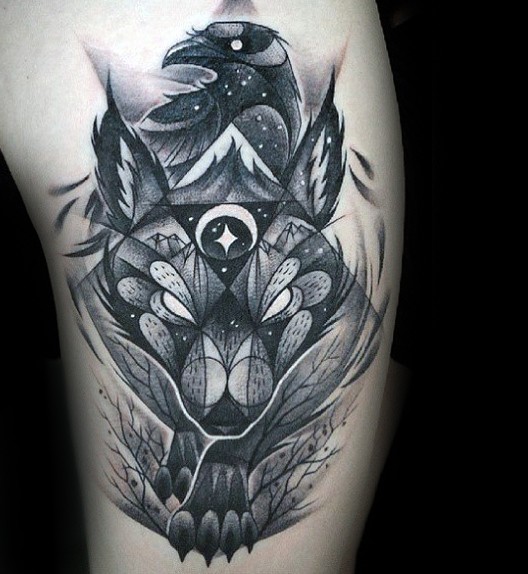 个性黑白大狼与乌鸦星空纹身图案