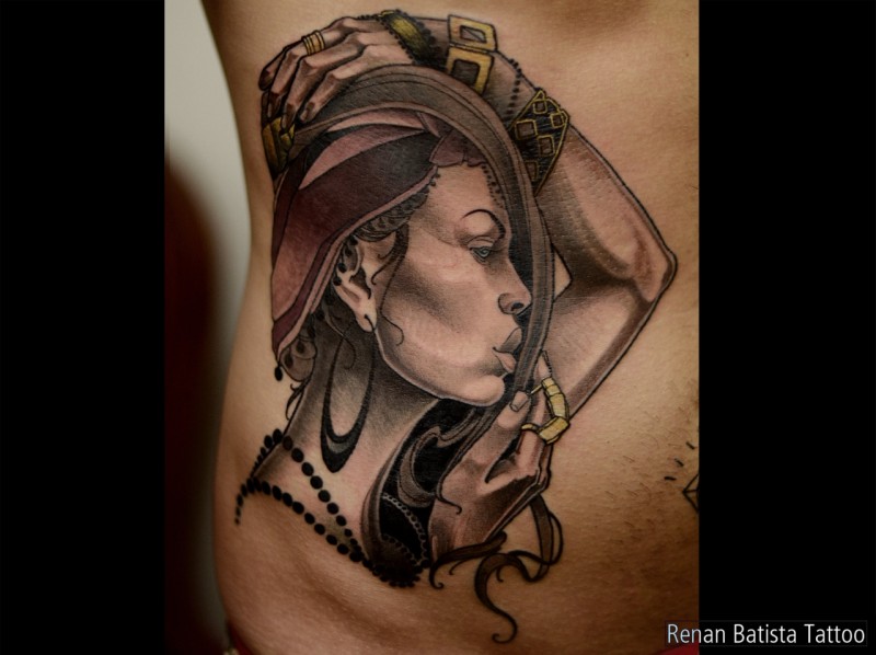腹部黑灰风格性感女人纹身图案