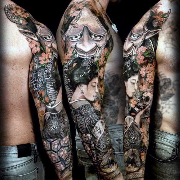 手臂亚洲风格的五彩恶魔般若和艺妓纹身图案