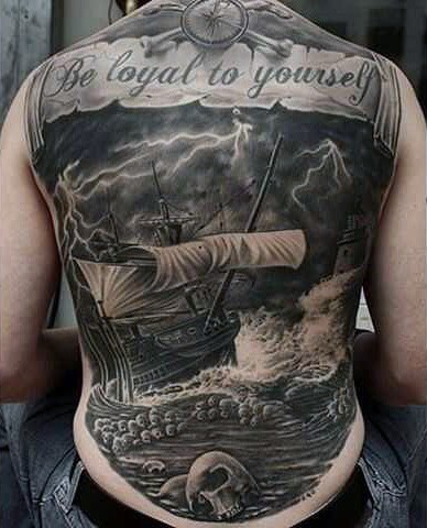 背部航海主题黑白帆船骷髅和字母纹身图案