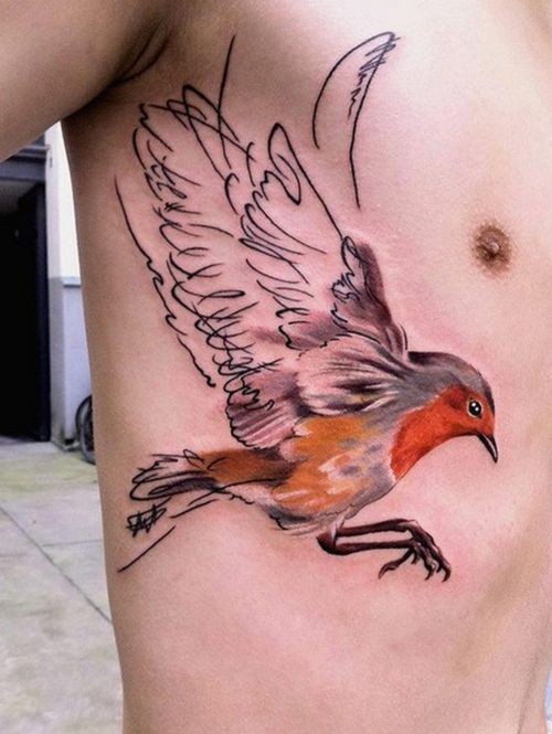 有趣侧肋彩色小鸟纹身图案