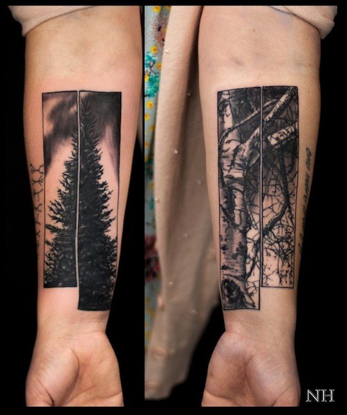 手臂个性的黑白各种树木纹身图案