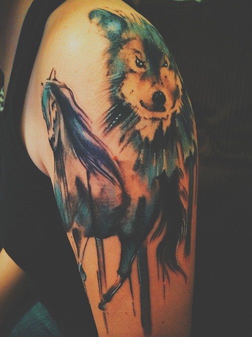 手臂上优秀的水彩狼和马纹身图案