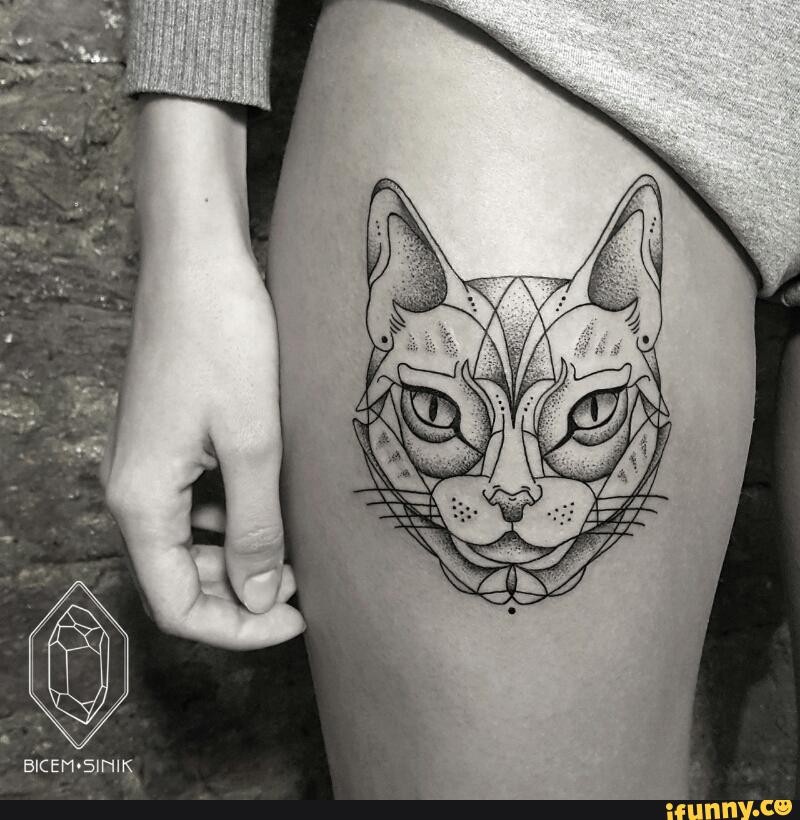 大腿素描风格黑色点刺猫头纹身图案