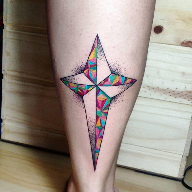 几何风格彩色星星小腿纹身图案
