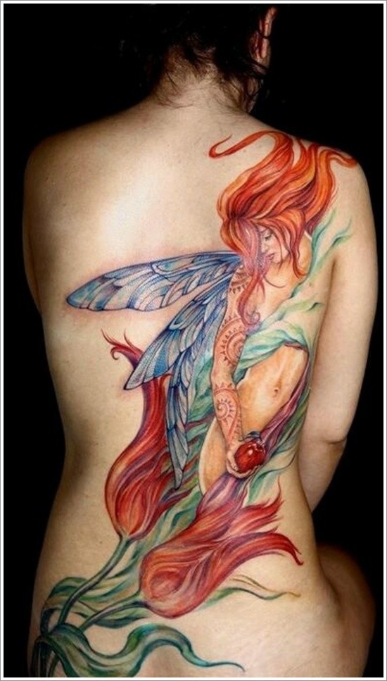 背部美丽多彩的精灵纹身图案