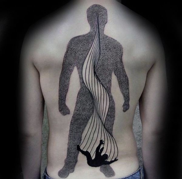 背部黑色的点刺风格人体轮廓纹身图案