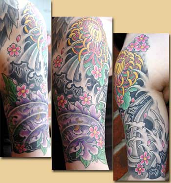 手臂彩色的菊花海浪艺术作品纹身图案