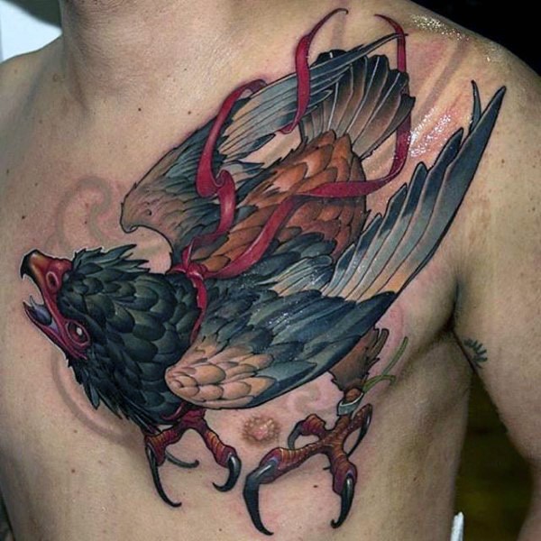 胸部new school彩色鸟和红色丝带纹身图案