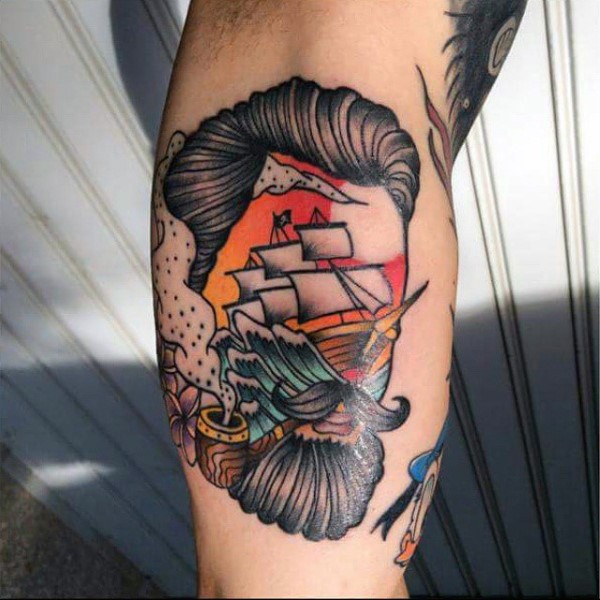 手臂未知风格的帆船和吸烟人头彩绘纹身图案