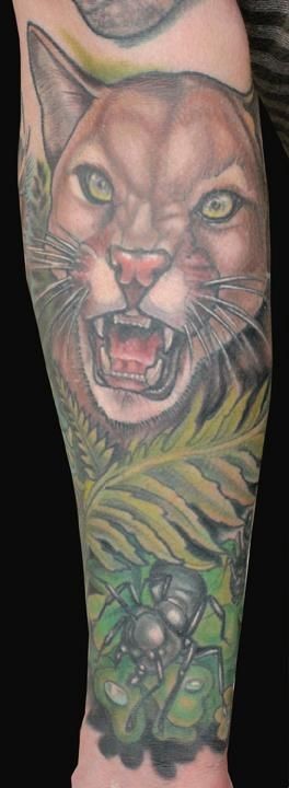 手臂很酷的的彩色邪恶咆哮野猫纹身图案