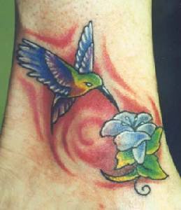蜂鸟与花朵彩色纹身图案