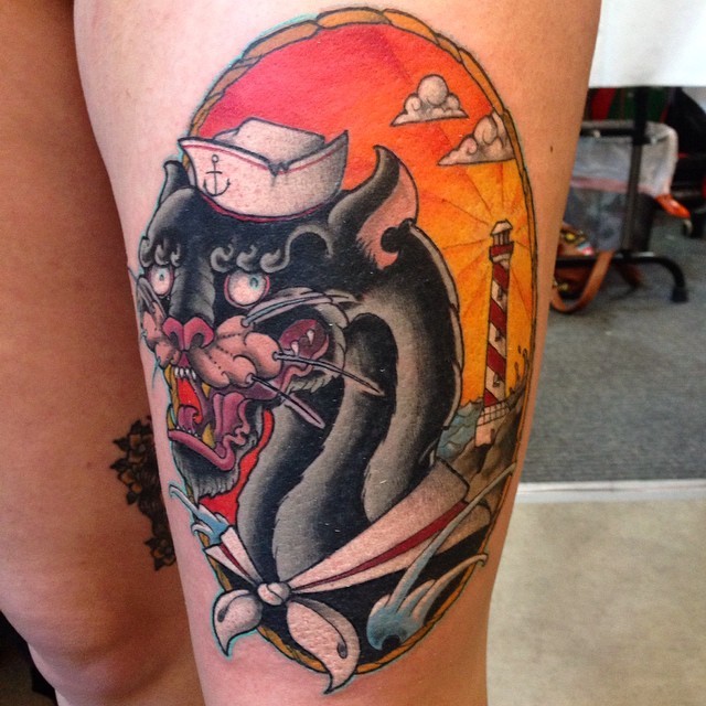 大腿日本风格彩色黑豹水手纹身图案