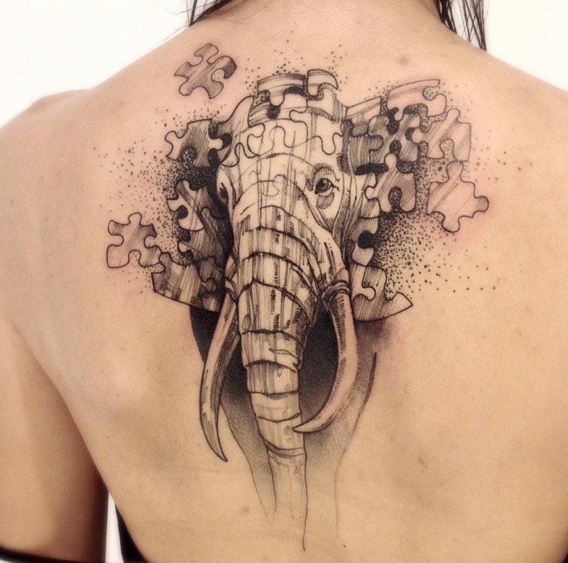 背部大象拼图未来主义风格纹身图案