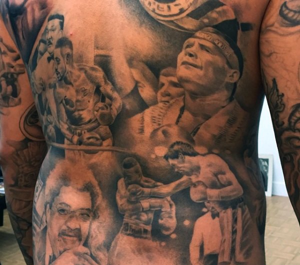 背部惊人的各种著名拳击手肖像纹身图案