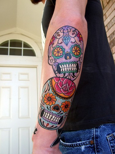 手臂彩色的墨西哥骷髅纹身图案