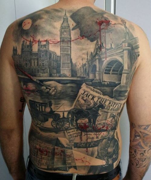 背部写实风格血腥疯狂的中世纪伦敦纹身图案