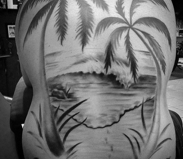 背部非常浪漫的黑白海岛风景纹身图案
