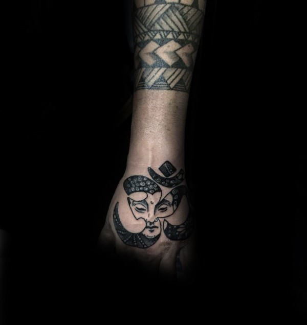 手背黑色宗教字符与佛像纹身图案