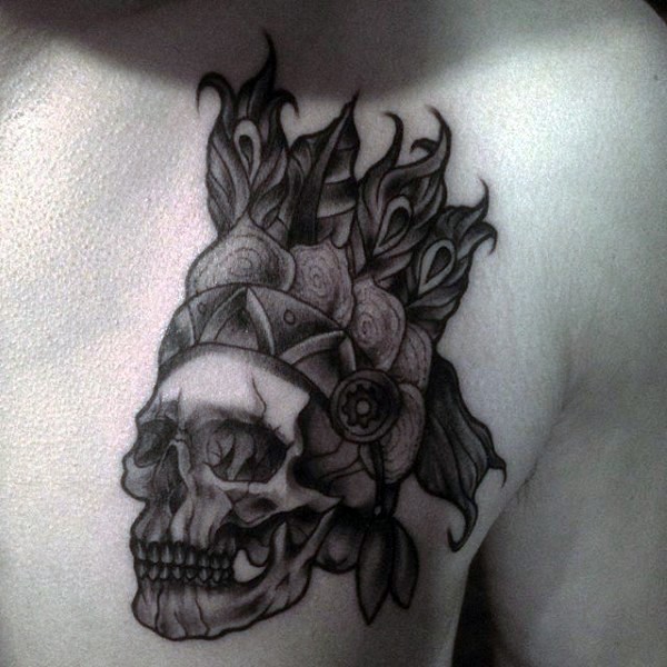 胸部雕刻风格黑色印度骷髅与头盔纹身图案