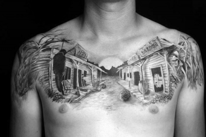 胸部写实黑灰西部小镇风景纹身图案