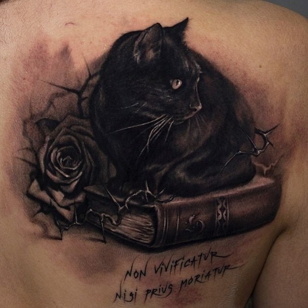 黑猫坐在一本书上纹身图案