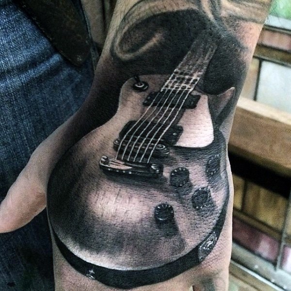 手背写实黑白小吉他纹身图案