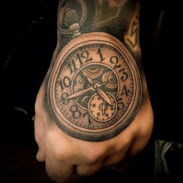 手背写实的黑白时钟纹身图案