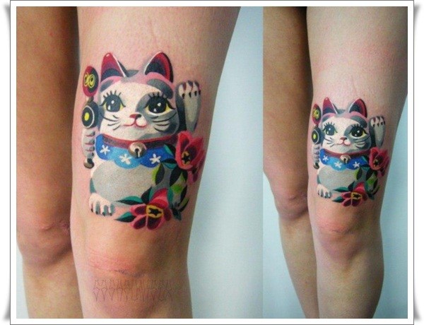 大腿可爱的水彩画猫纹身图案