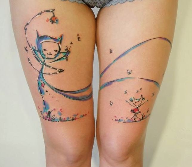 大腿可爱的彩色猫与老鼠创意纹身图案